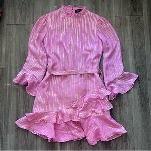 SALONI Marissa Pink ruffle Dress with Gold Stripes